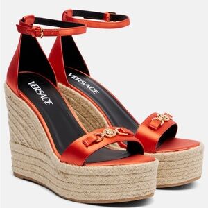 Versace Satin Coral Orange 95 Medusa Espadrille Wedges